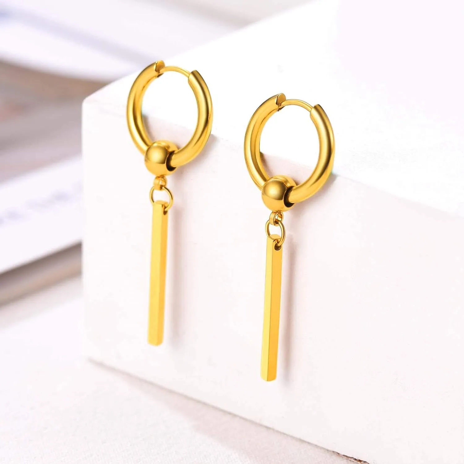 FOCALOOK Long Vertical Bar Dangle Earrings for Women Hypoallergenic 14K Gold Plated/Black/Silver Circle Hoop Bar Drop Earrings (With Gift Box)