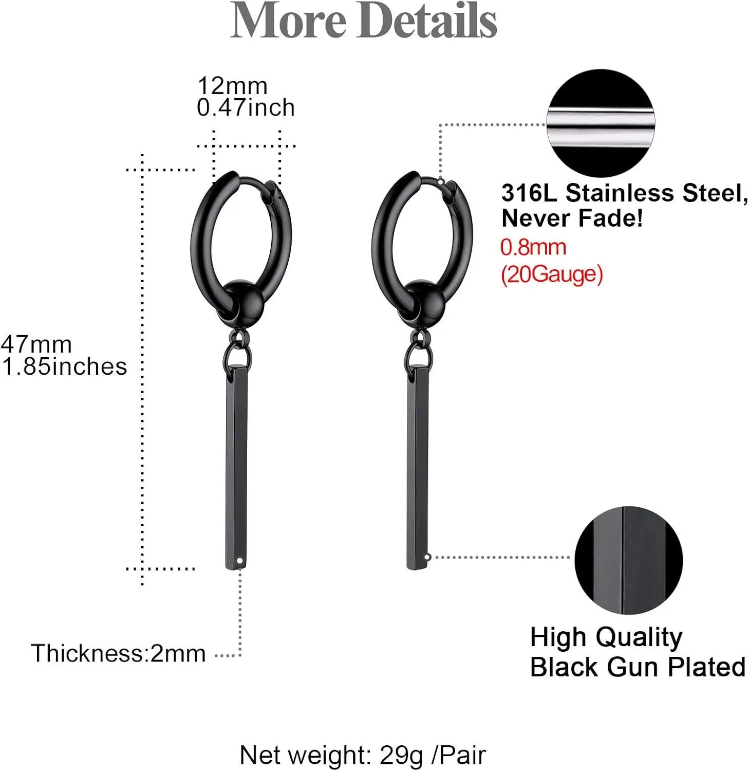 FOCALOOK Long Vertical Bar Dangle Earrings for Women Hypoallergenic 14K Gold Plated/Black/Silver Circle Hoop Bar Drop Earrings (With Gift Box)