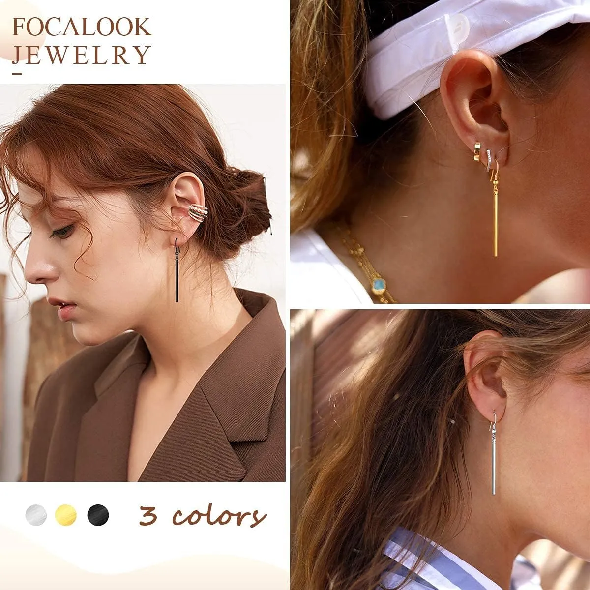 FOCALOOK Long Vertical Bar Dangle Earrings for Women Hypoallergenic 14K Gold Plated/Black/Silver Circle Hoop Bar Drop Earrings (With Gift Box)