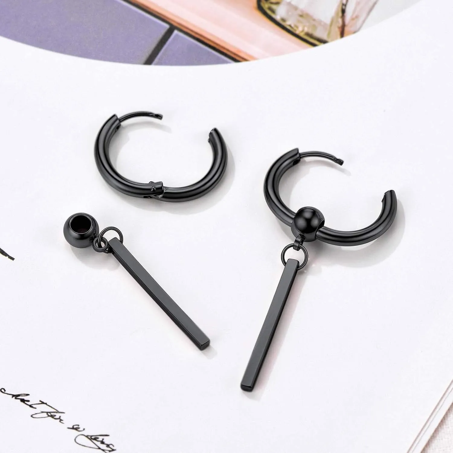 FOCALOOK Long Vertical Bar Dangle Earrings for Women Hypoallergenic 14K Gold Plated/Black/Silver Circle Hoop Bar Drop Earrings (With Gift Box)