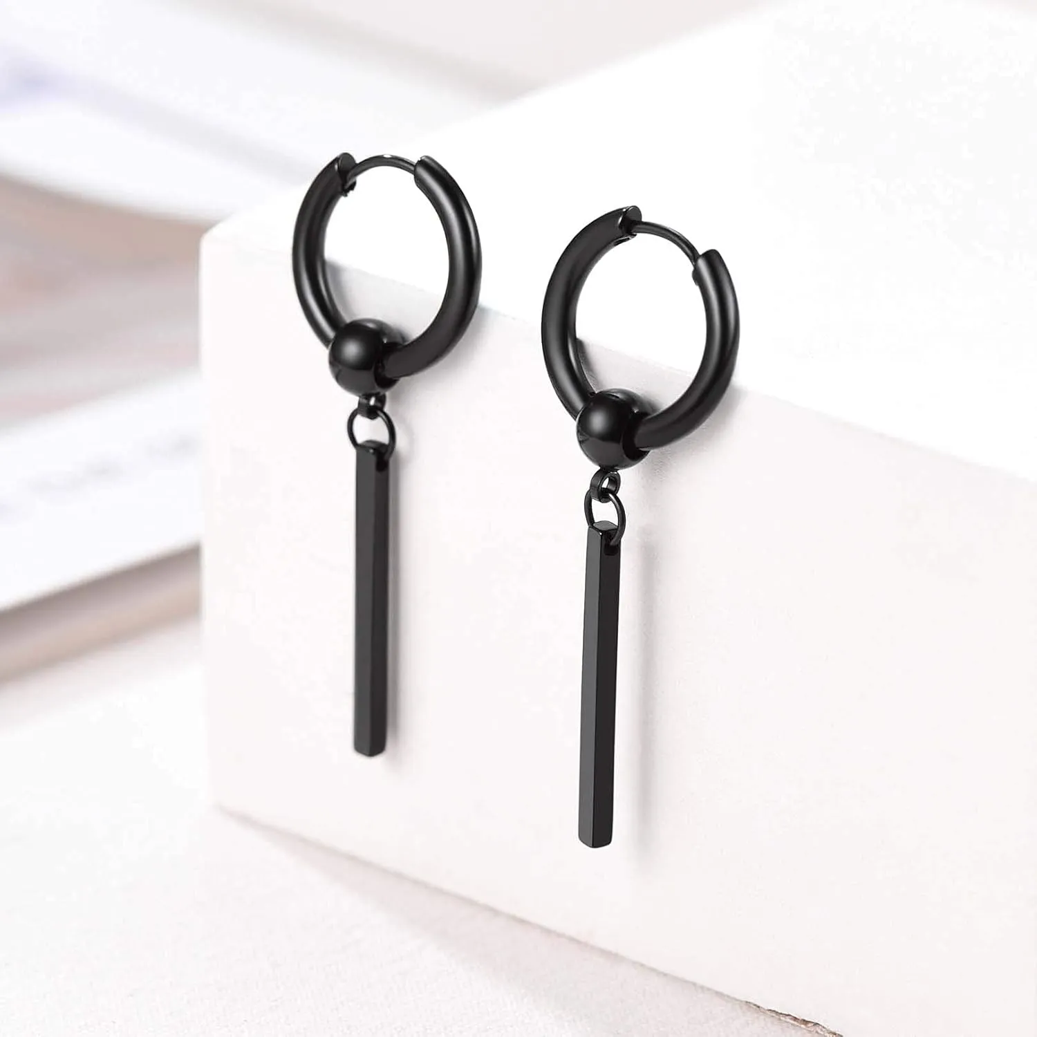 FOCALOOK Long Vertical Bar Dangle Earrings for Women Hypoallergenic 14K Gold Plated/Black/Silver Circle Hoop Bar Drop Earrings (With Gift Box)