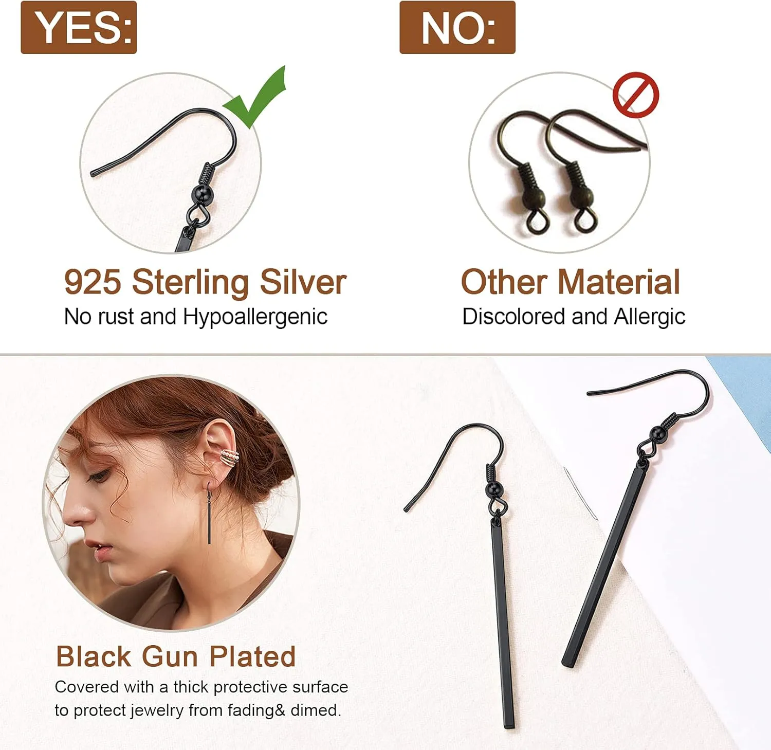 FOCALOOK Long Vertical Bar Dangle Earrings for Women Hypoallergenic 14K Gold Plated/Black/Silver Circle Hoop Bar Drop Earrings (With Gift Box)