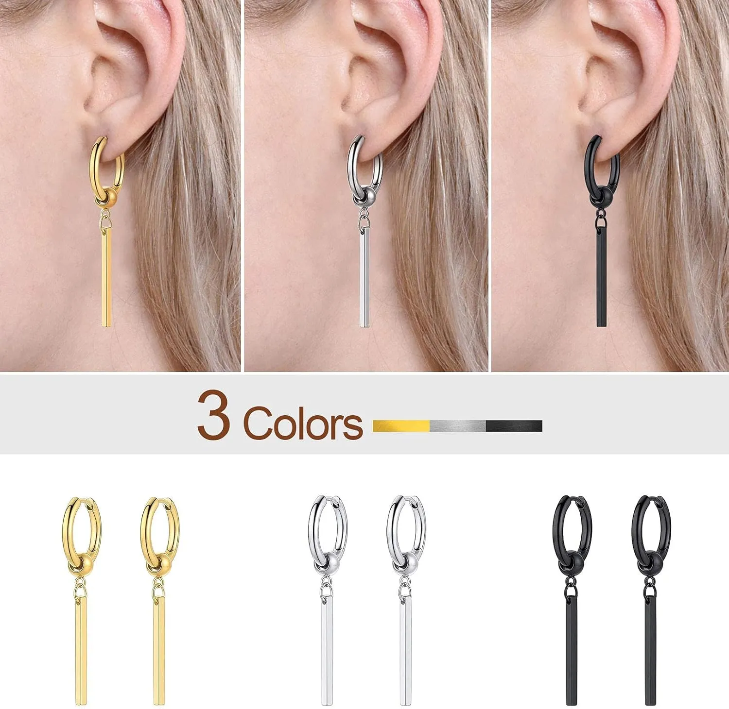 FOCALOOK Long Vertical Bar Dangle Earrings for Women Hypoallergenic 14K Gold Plated/Black/Silver Circle Hoop Bar Drop Earrings (With Gift Box)