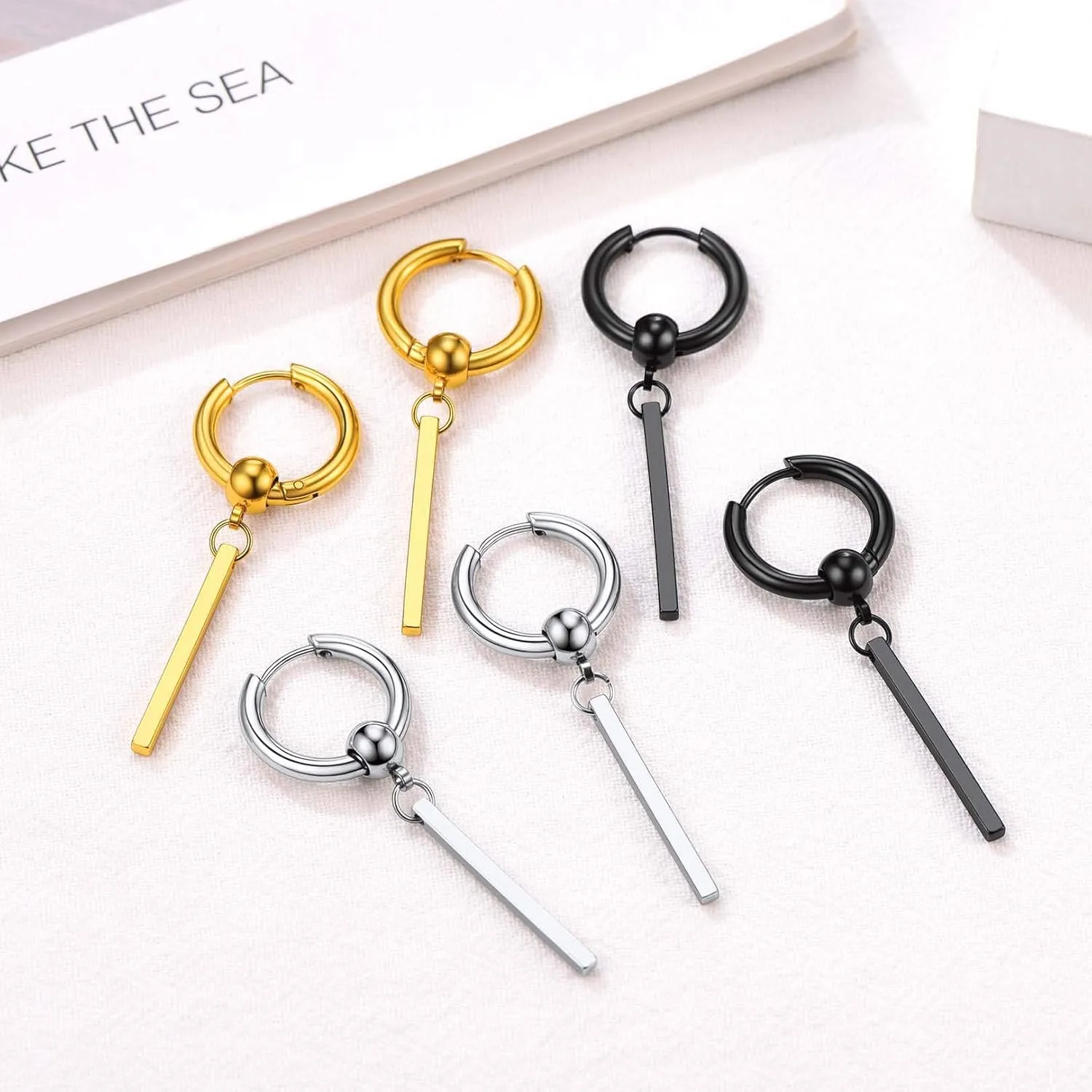 FOCALOOK Long Vertical Bar Dangle Earrings for Women Hypoallergenic 14K Gold Plated/Black/Silver Circle Hoop Bar Drop Earrings (With Gift Box)