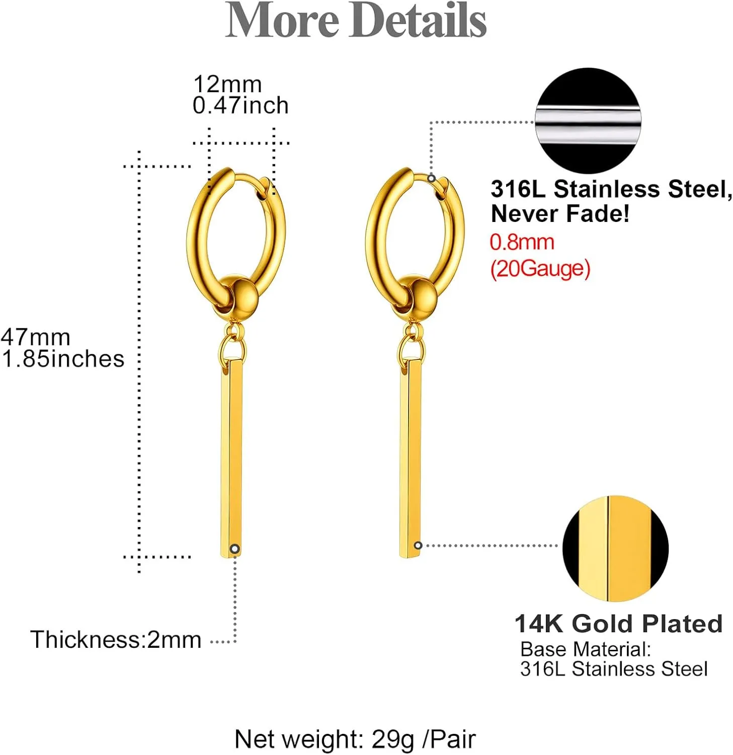 FOCALOOK Long Vertical Bar Dangle Earrings for Women Hypoallergenic 14K Gold Plated/Black/Silver Circle Hoop Bar Drop Earrings (With Gift Box)