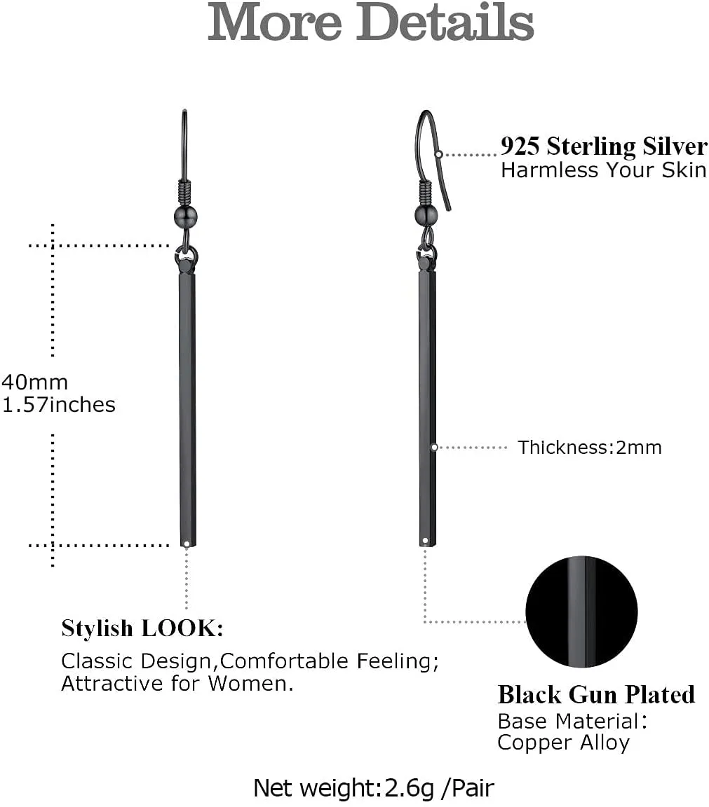 FOCALOOK Long Vertical Bar Dangle Earrings for Women Hypoallergenic 14K Gold Plated/Black/Silver Circle Hoop Bar Drop Earrings (With Gift Box)