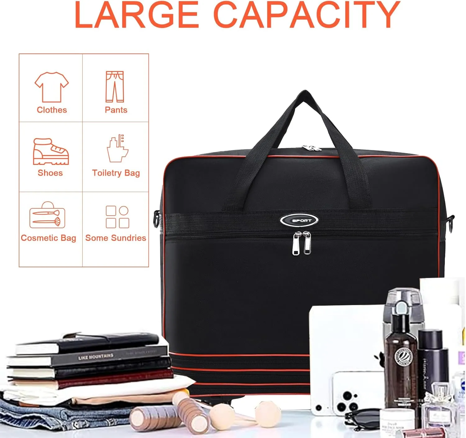 Foldable Duffel Bag,Large Expandable Travel Duffle Bag Waterproof Collapsible Luggage Carry on Duffel Bag with Handle-Black