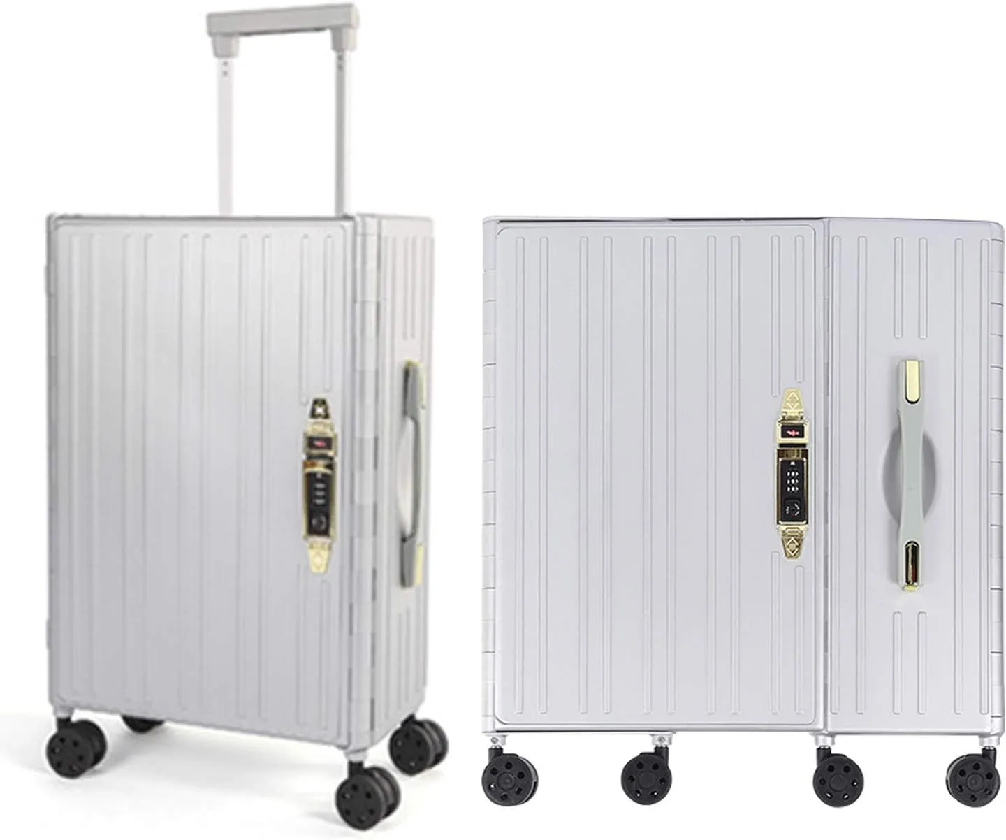 Foldable Suitcase Trolley Carry on Hand Cabin Luggage Hard Shell Travel Bag Lightweight with 4 Spinner Wheels and Dial Combination Lock,Silver