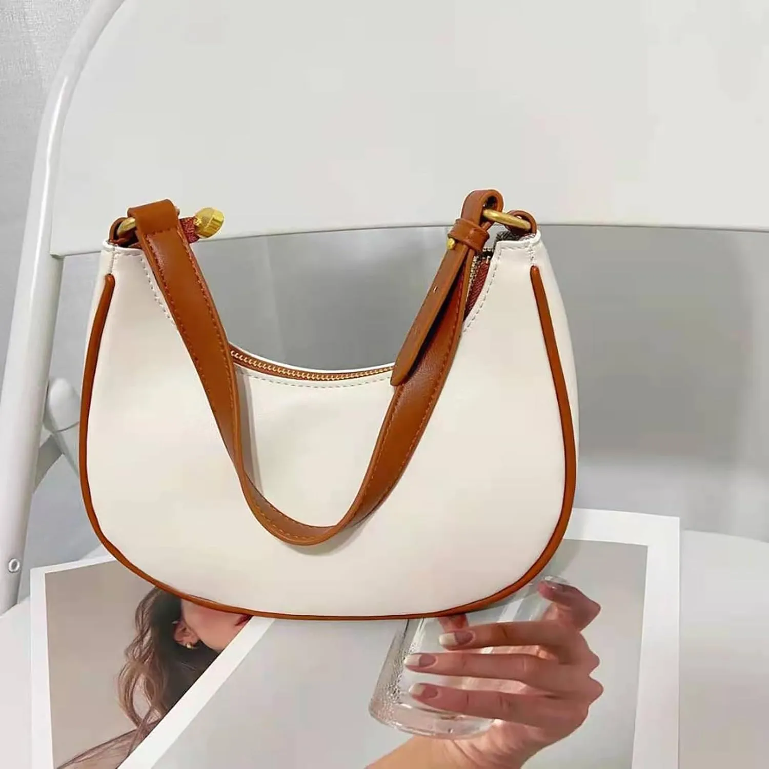 Foldie Crossbody Bags for Women Retro Studded Crossbody Bags Small Shoulder Purses Retro Clutch Underarm Purse(Beige)