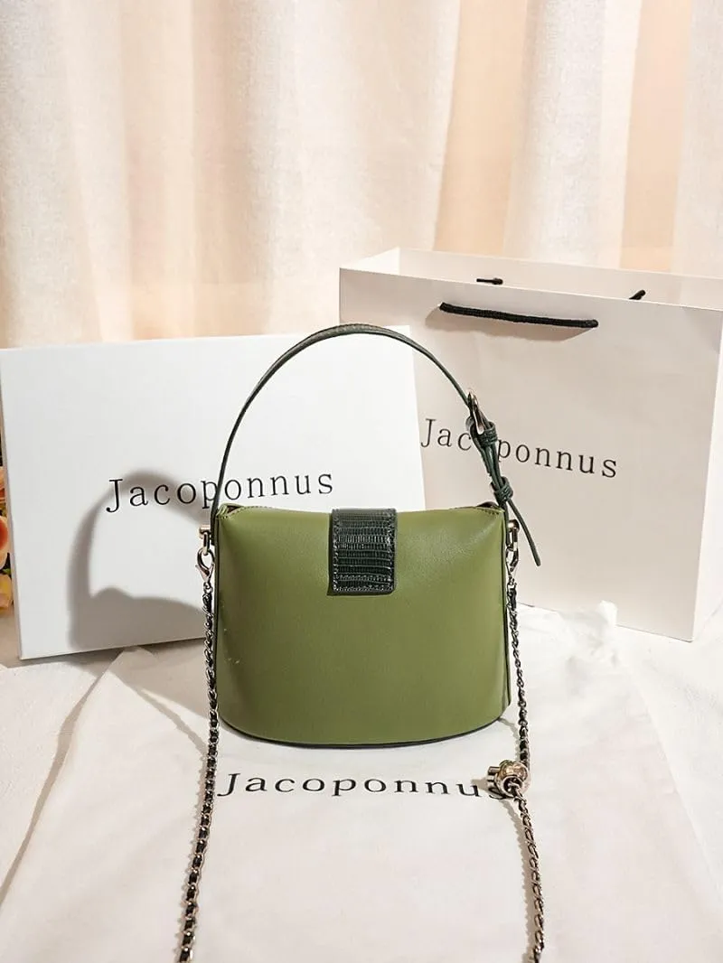Genuine leather avocado green bucket bag female crossbody 2024 new light luxury senior sense of niche commuting handheld