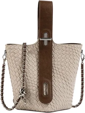 Genuine Leather Beige Bucket Bag Female 2024 New Light Luxury High Feeling Minority Small Handbag Chain Small Bag Satchel