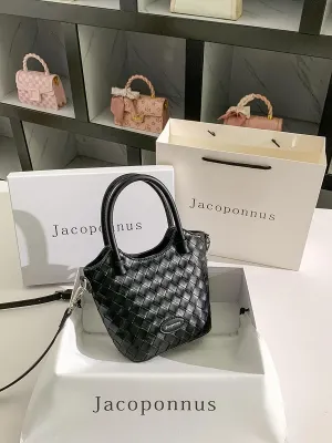Genuine Leather Woven Bucket Bag Women's 2024 New Bag Light Luxury Premium Sense Niche Black Cabbage Basket Bag Design Sense