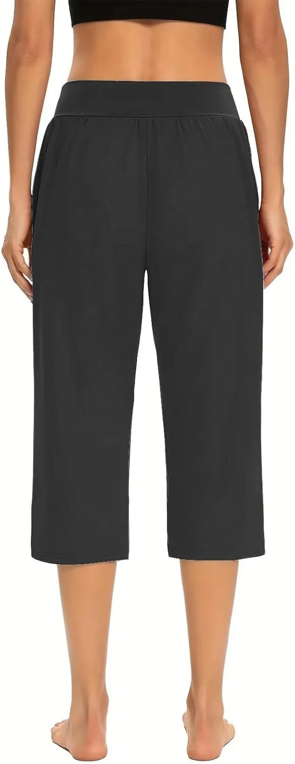 GOFULY Capri Pants for Women Beach Summer Elastic Waist Pants Straight Leg High Waisted with Pockets Solid Cropped Trousers