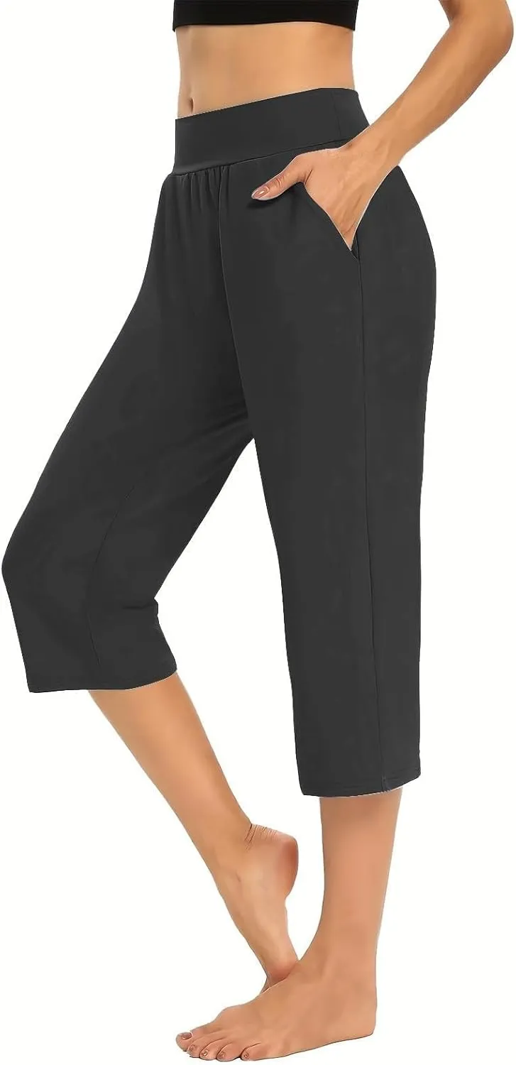 GOFULY Capri Pants for Women Beach Summer Elastic Waist Pants Straight Leg High Waisted with Pockets Solid Cropped Trousers