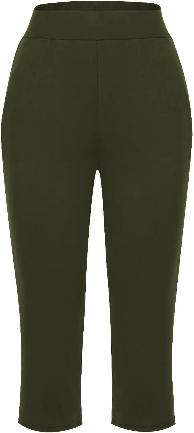 GOFULY Capri Pants for Women Casual Summer Elastic Waist High Waisted Pants Straight Wide Leg with Pockets Cropped Trousers