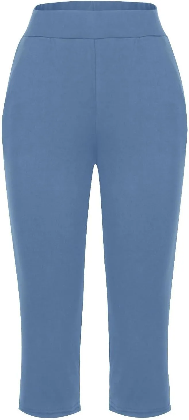 GOFULY Capri Pants for Women Casual Summer Elastic Waist High Waisted Pants Straight Wide Leg with Pockets Cropped Trousers