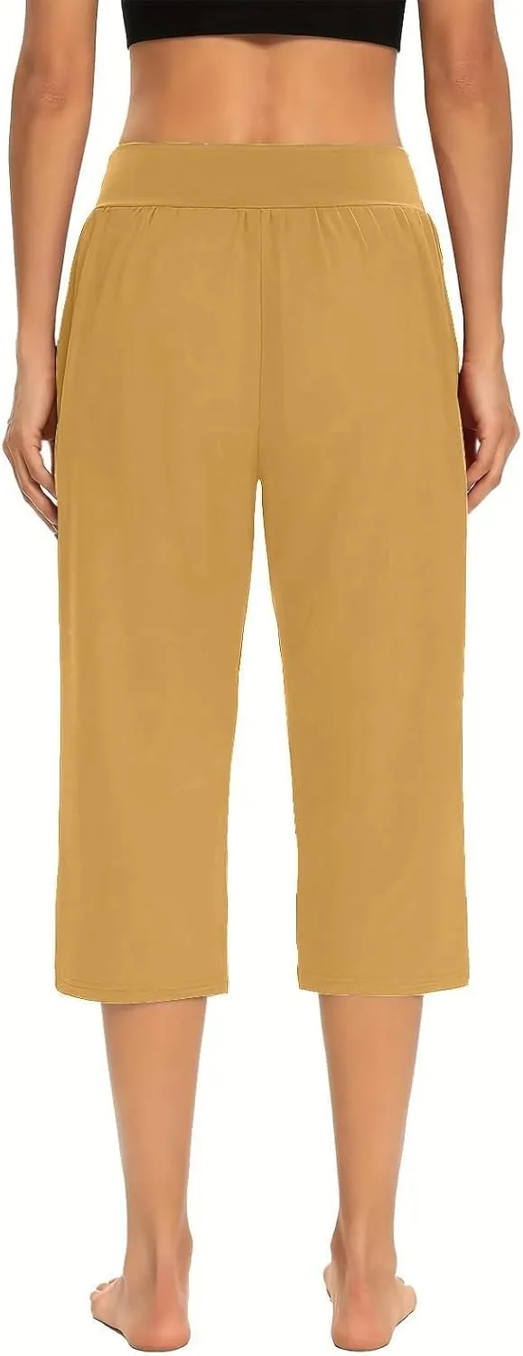GOFULY Capri Pants for Women Casual Summer Elastic Waist High Waisted Pants Straight Wide Leg with Pockets Cropped Trousers
