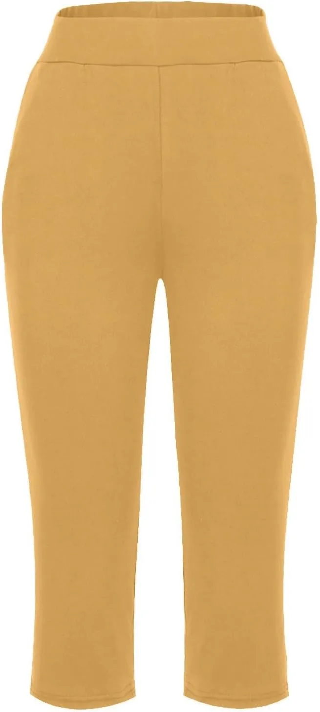 GOFULY Capri Pants for Women Casual Summer Elastic Waist High Waisted Pants Straight Wide Leg with Pockets Cropped Trousers