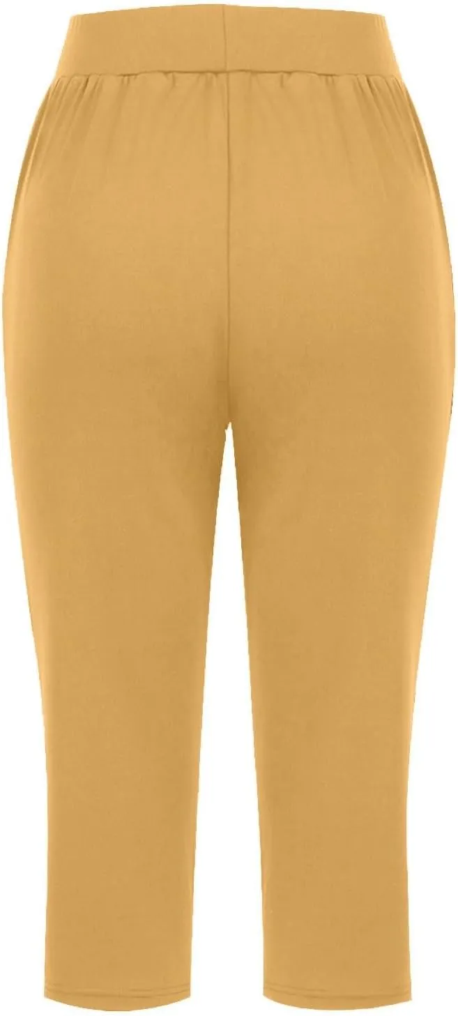 GOFULY Capri Pants for Women Casual Summer Elastic Waist High Waisted Pants Straight Wide Leg with Pockets Cropped Trousers