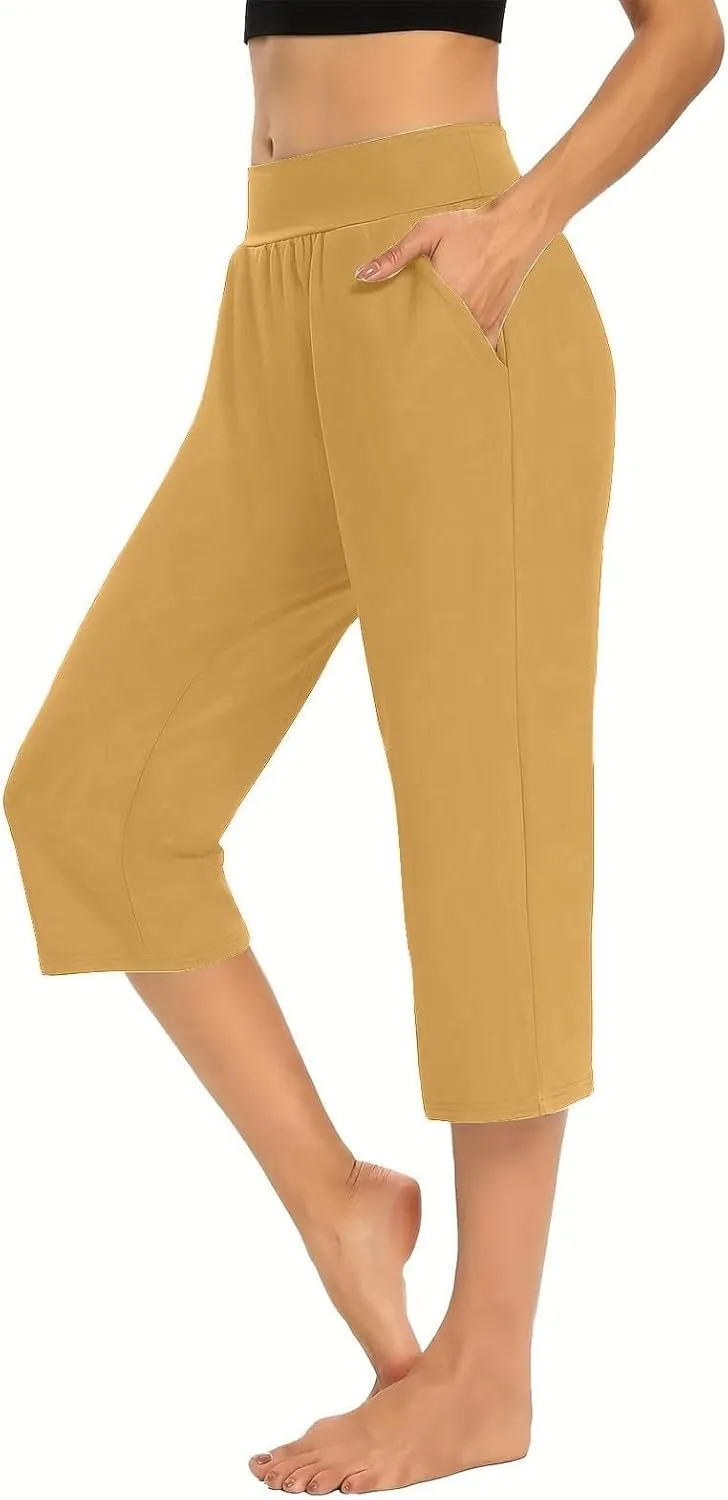 GOFULY Capri Pants for Women Casual Summer Elastic Waist High Waisted Pants Straight Wide Leg with Pockets Cropped Trousers