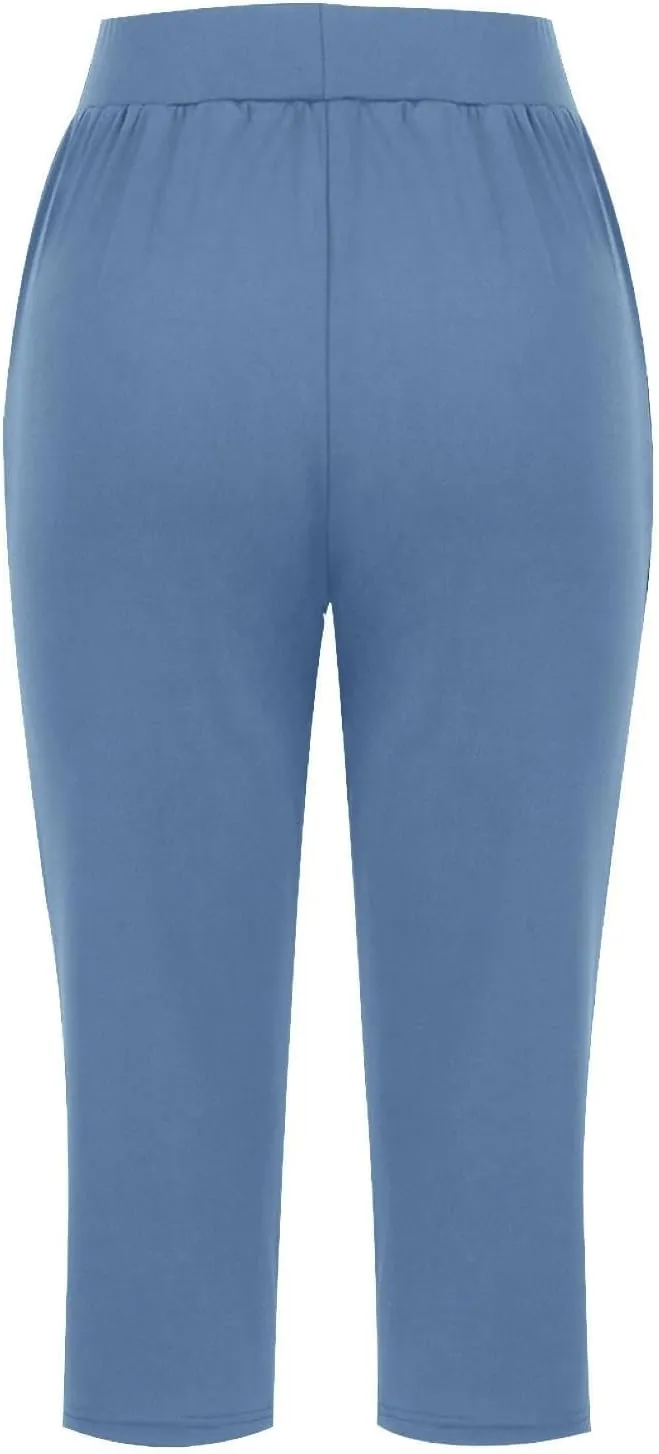GOFULY Capri Pants for Women Casual Summer Elastic Waist High Waisted Pants Straight Wide Leg with Pockets Cropped Trousers