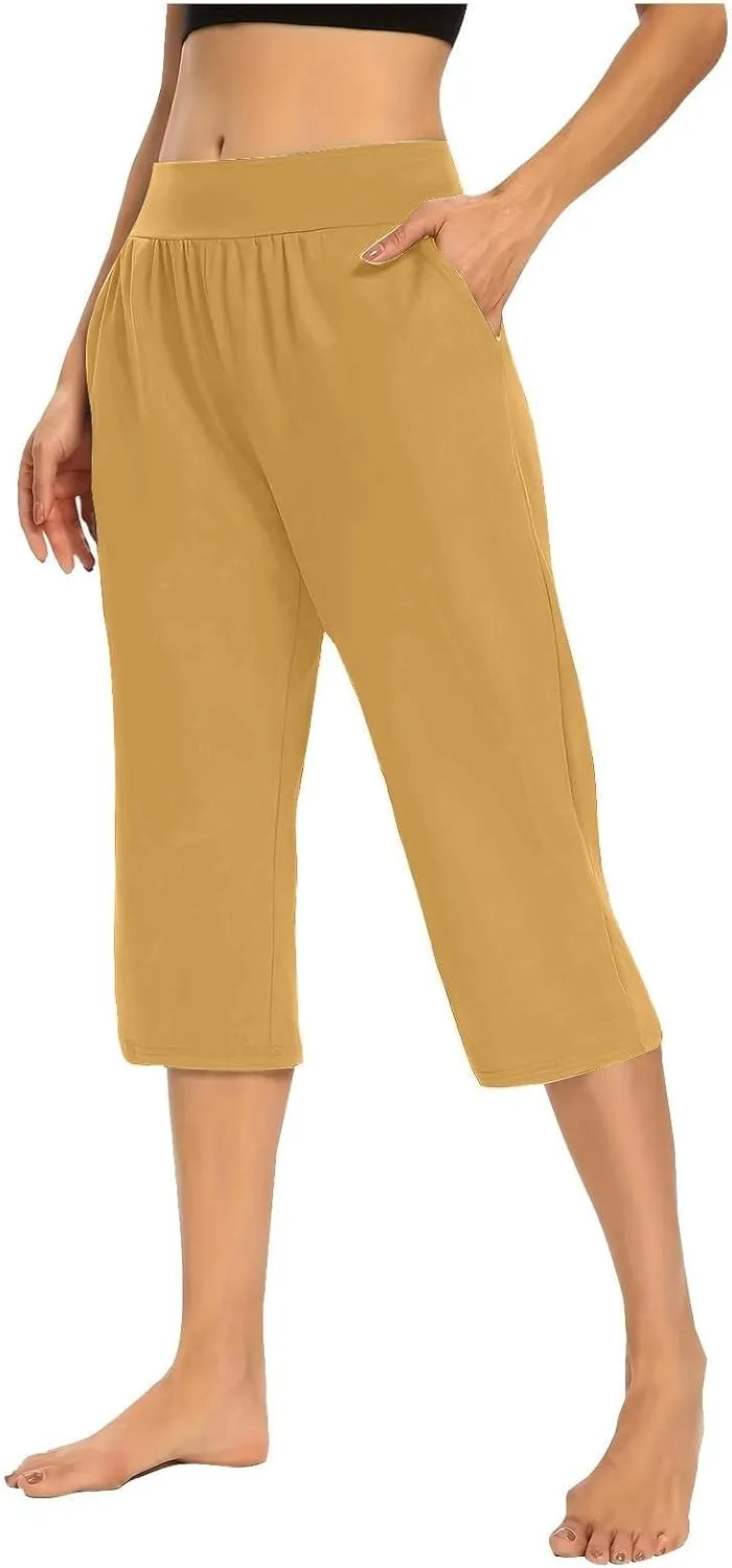 GOFULY Capri Pants for Women Casual Summer Elastic Waist High Waisted Pants Straight Wide Leg with Pockets Cropped Trousers