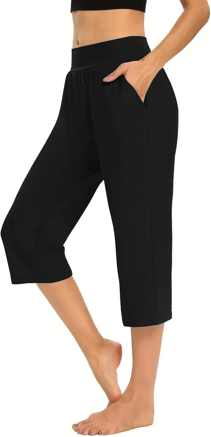 GOFULY Capri Pants for Women Casual Summer Elastic Waist High Waisted Pants Straight Wide Leg with Pockets Cropped Trousers