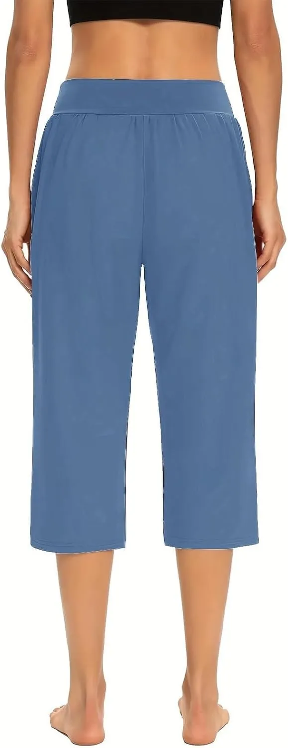GOFULY Capri Pants for Women Casual Summer Elastic Waist High Waisted Pants Straight Wide Leg with Pockets Cropped Trousers