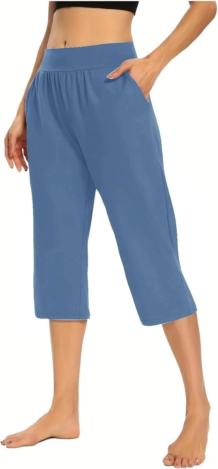 GOFULY Capri Pants for Women Casual Summer Elastic Waist High Waisted Pants Straight Wide Leg with Pockets Cropped Trousers