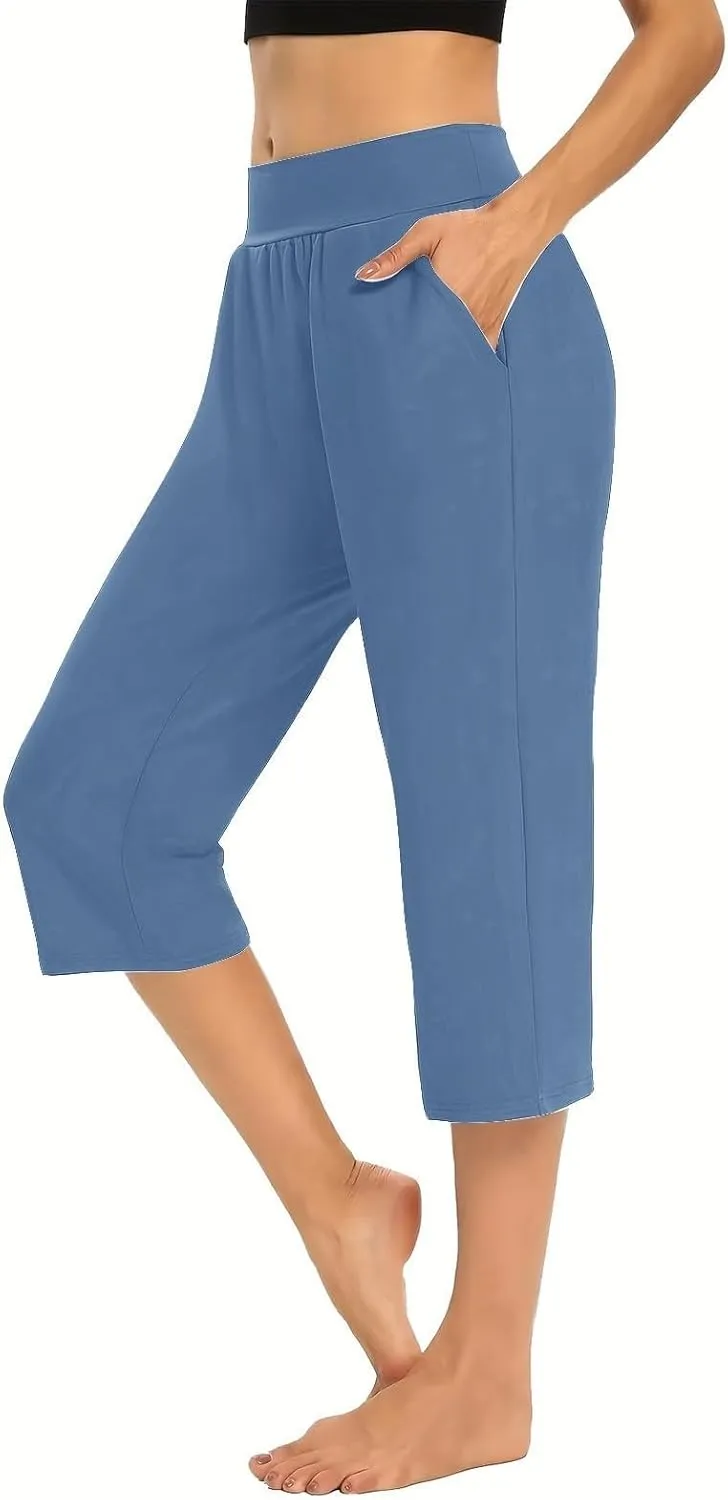 GOFULY Capri Pants for Women Casual Summer Elastic Waist High Waisted Pants Straight Wide Leg with Pockets Cropped Trousers