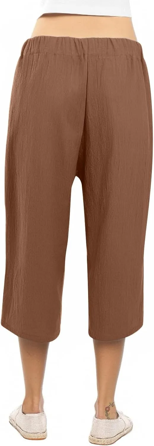 GOFULY Capri Pants for Women Linen Casual Summer High Waisted Drawstring Pants with Pocket Baggy Straight Wide Leg Clothes