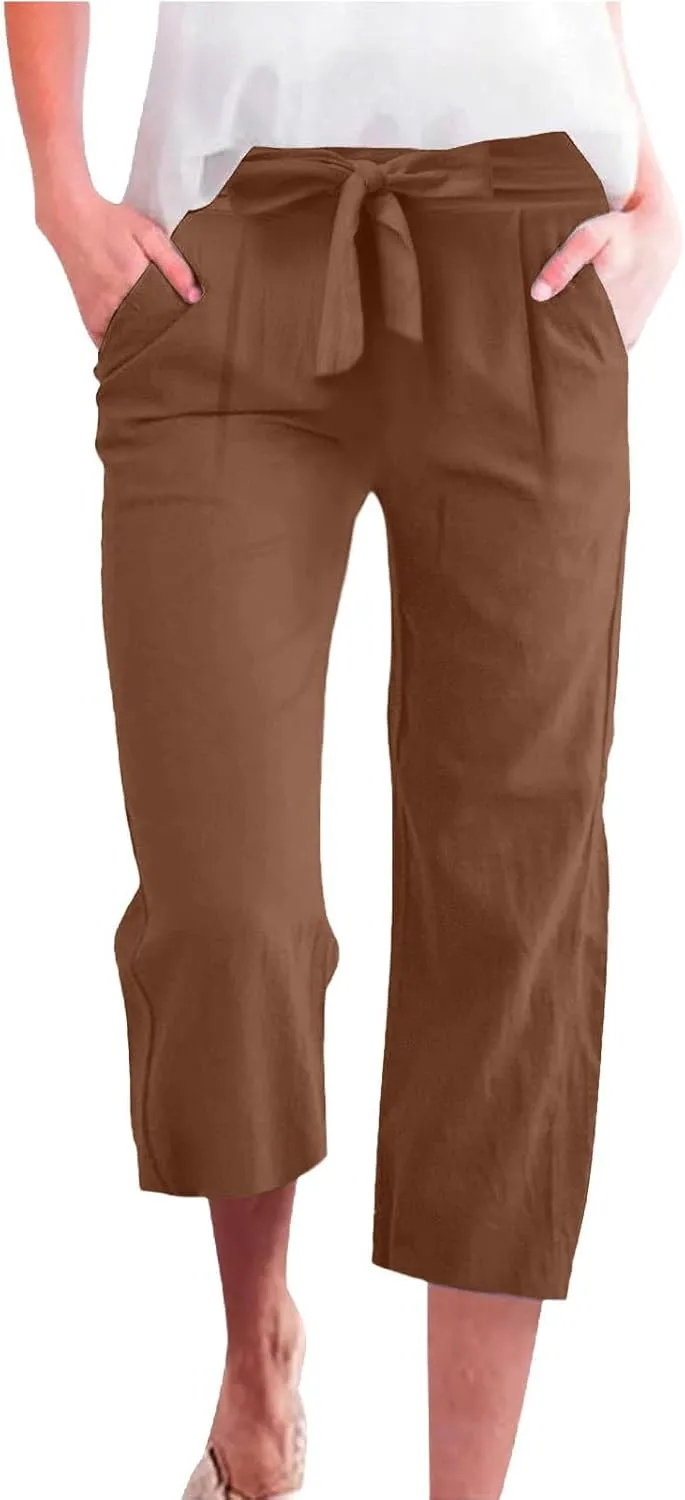GOFULY Capri Pants for Women Linen Casual Summer High Waisted Drawstring Pants with Pocket Baggy Straight Wide Leg Clothes