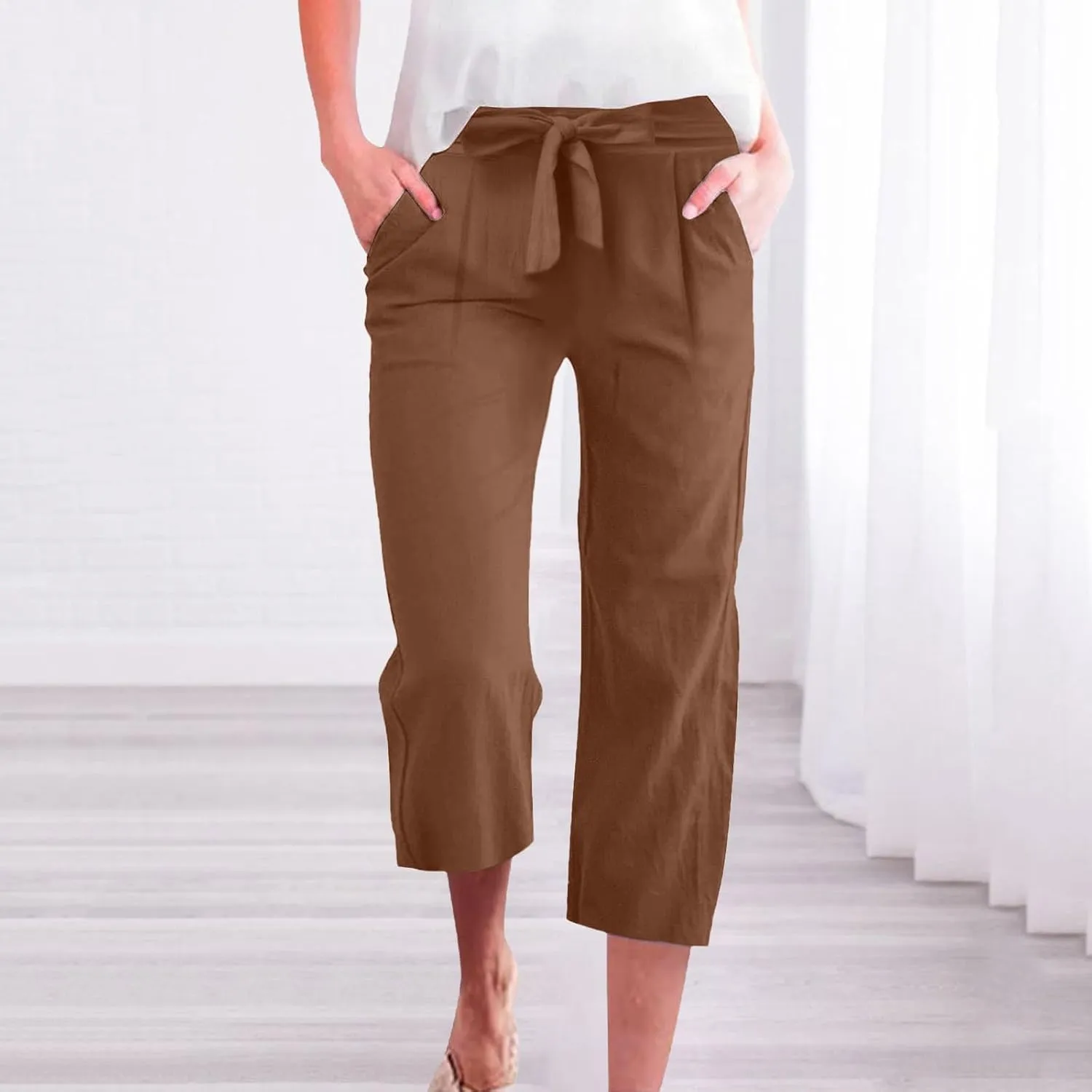 GOFULY Capri Pants for Women Linen Casual Summer High Waisted Drawstring Pants with Pocket Baggy Straight Wide Leg Clothes