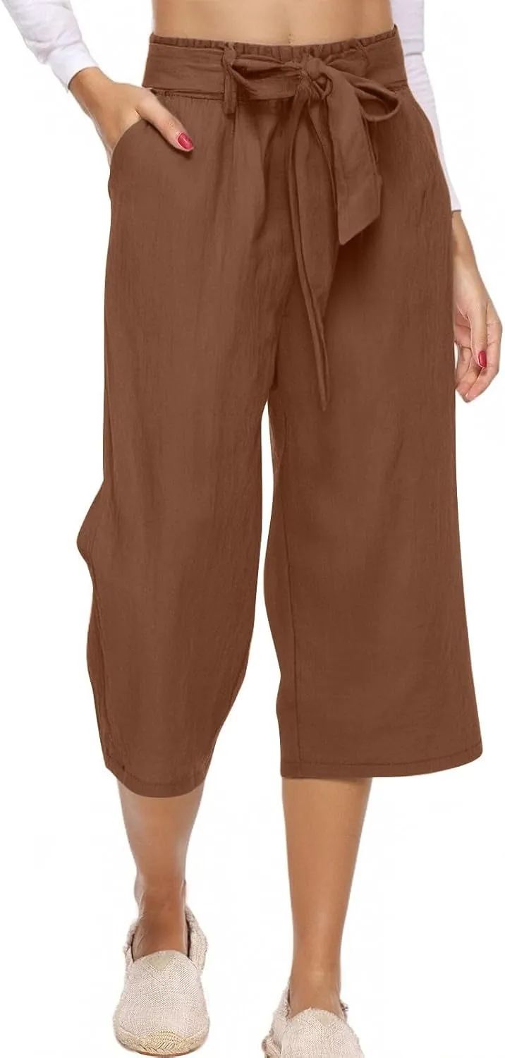 GOFULY Capri Pants for Women Linen Casual Summer High Waisted Drawstring Pants with Pocket Baggy Straight Wide Leg Clothes
