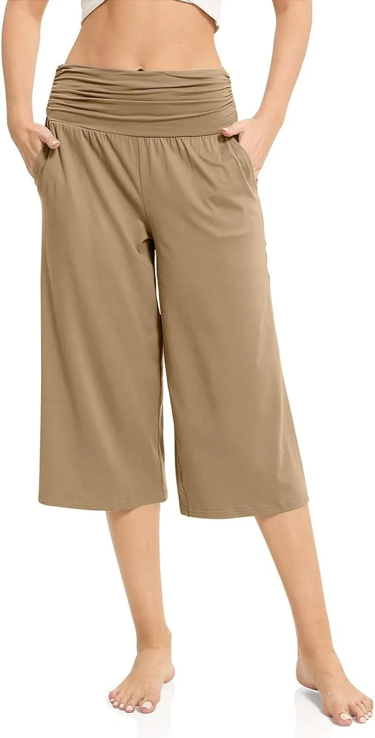 GOFULY Capris Pants for Women 2025 Summer Elastic Waist Pants Straight Wide Leg High Waisted with Pockets Cropped Trouser