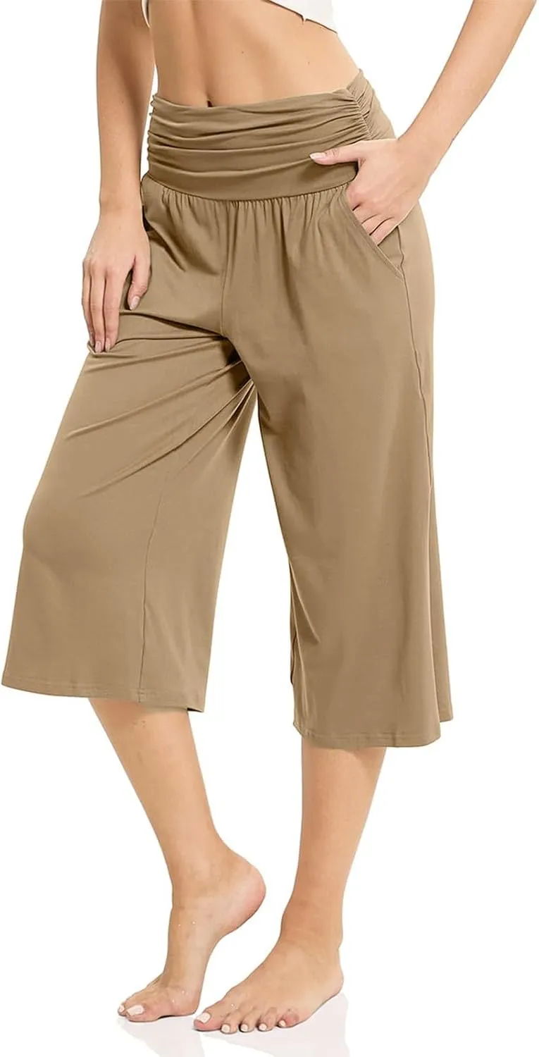 GOFULY Capris Pants for Women 2025 Summer Elastic Waist Pants Straight Wide Leg High Waisted with Pockets Cropped Trouser