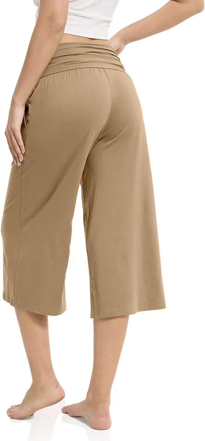 GOFULY Capris Pants for Women 2025 Summer Elastic Waist Pants Straight Wide Leg High Waisted with Pockets Cropped Trouser