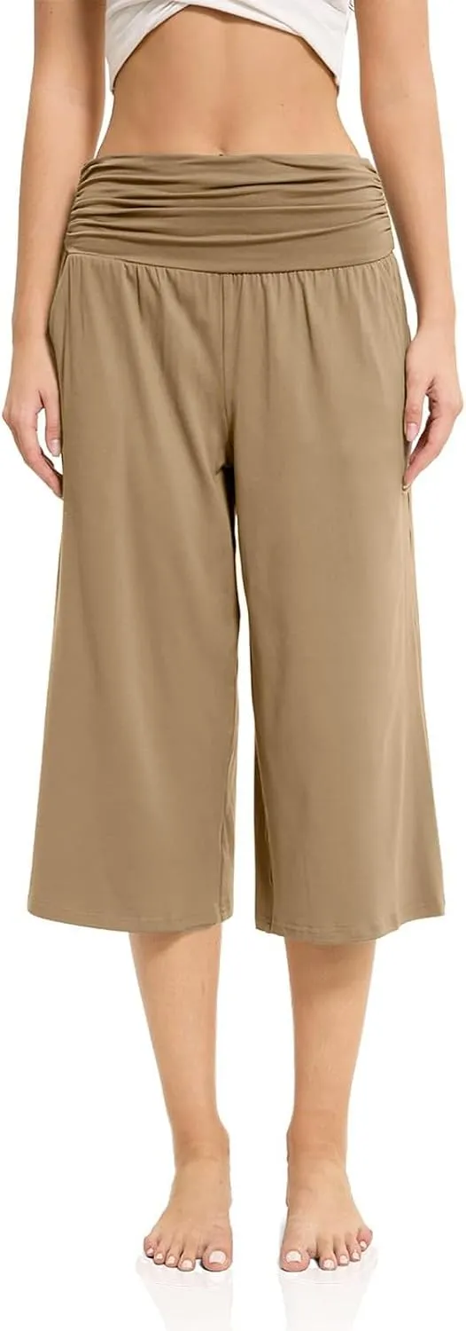 GOFULY Capris Pants for Women 2025 Summer Elastic Waist Pants Straight Wide Leg High Waisted with Pockets Cropped Trouser