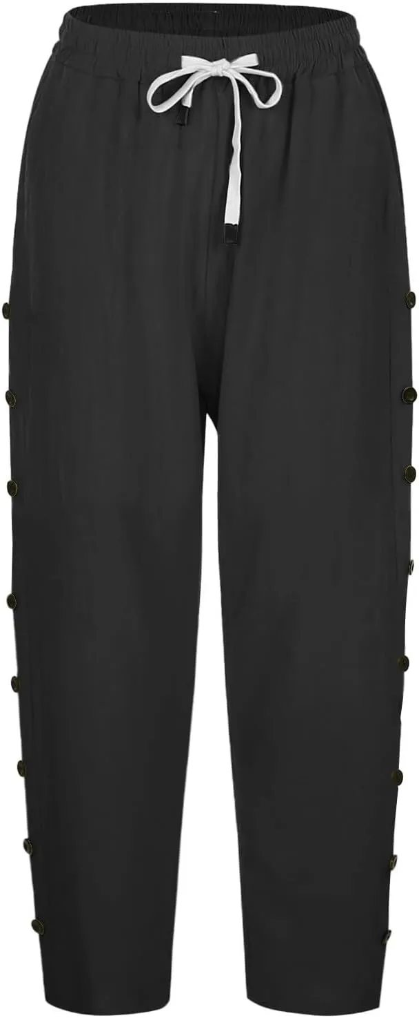 GOFULY Capris Pants for Women Lined Casual Summer Elastic Waist Drawstring Pants Comfy Side Button Pockets Cropped Trouser