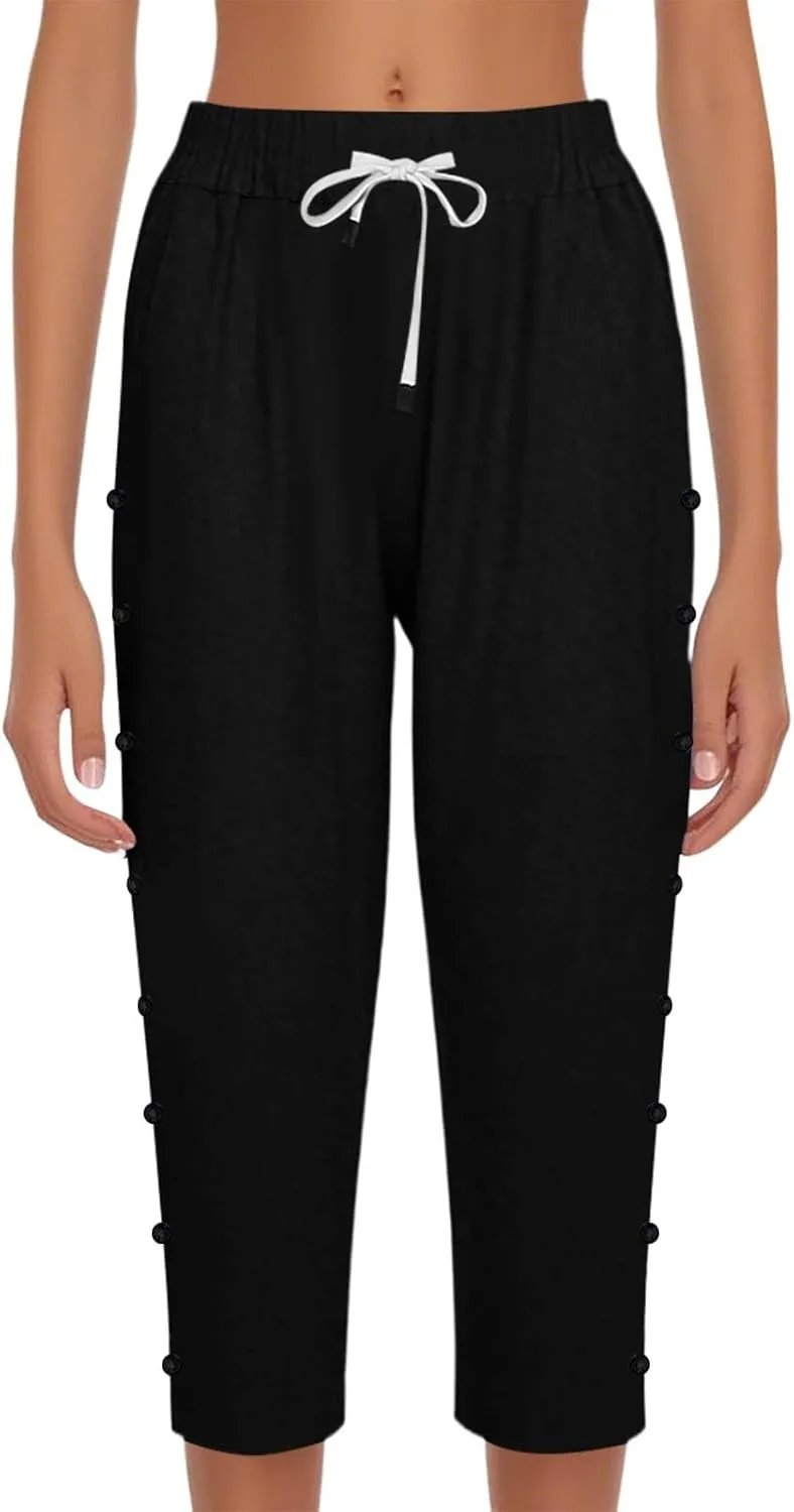 GOFULY Capris Pants for Women Lined Casual Summer Elastic Waist Drawstring Pants Comfy Side Button Pockets Cropped Trouser