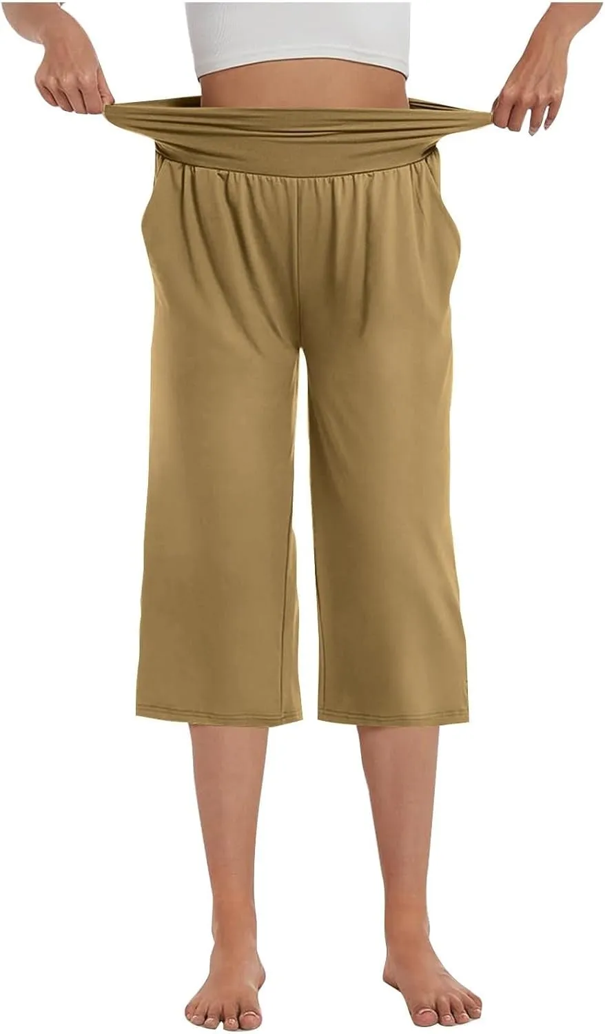 GOFULY Capris Pants for Women Trendy Summer Elastic Waist Pants Straight Wide Leg High Waisted Pockets Cropped Trousers 2025