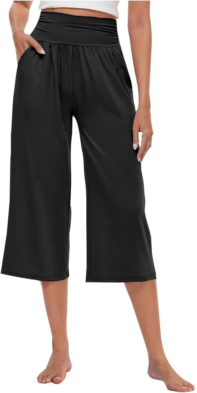 GOFULY Capris Pants for Women Trendy Summer Elastic Waist Pants Straight Wide Leg High Waisted Pockets Cropped Trousers 2025