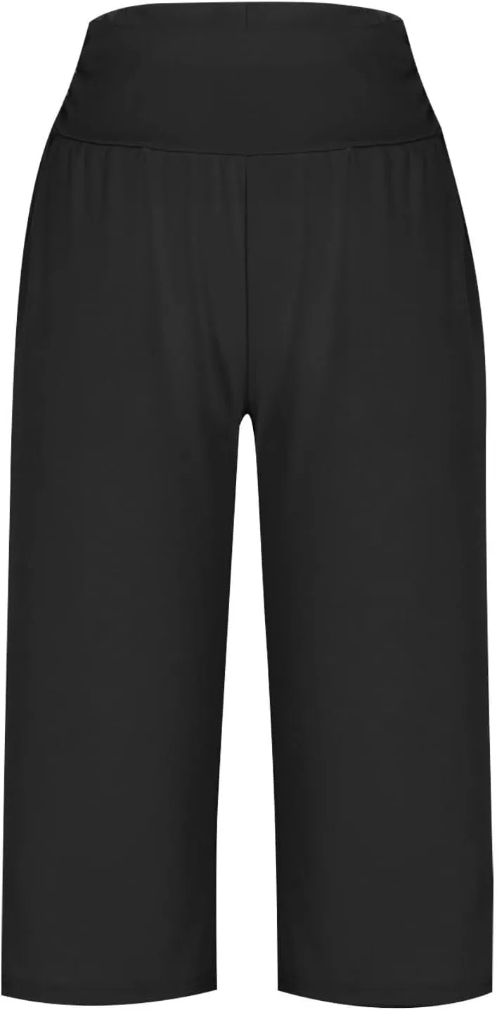 GOFULY Capris Pants for Women Trendy Summer Elastic Waist Pants Straight Wide Leg High Waisted Pockets Cropped Trousers 2025