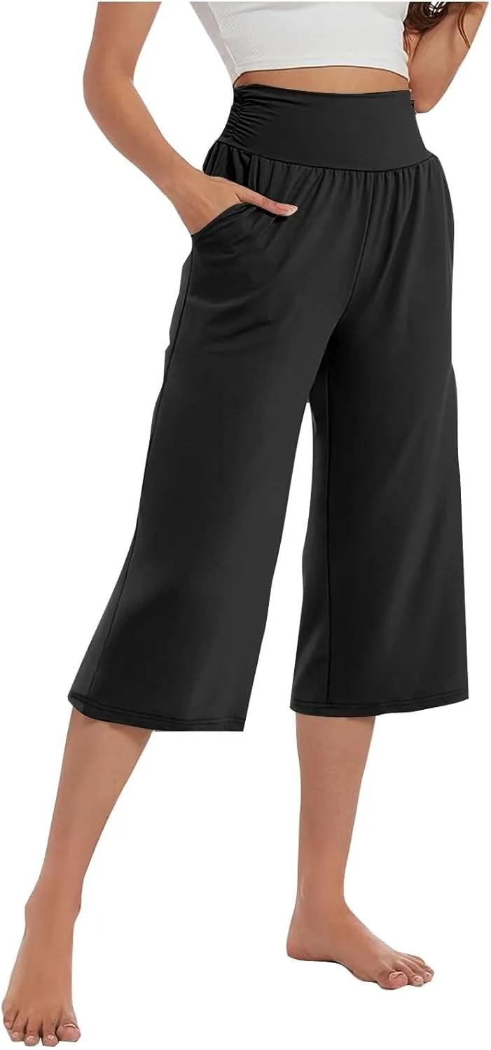 GOFULY Capris Pants for Women Trendy Summer Elastic Waist Pants Straight Wide Leg High Waisted Pockets Cropped Trousers 2025