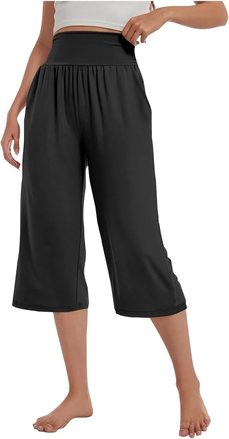 GOFULY Capris Pants for Women Trendy Summer Elastic Waist Pants Straight Wide Leg High Waisted Pockets Cropped Trousers 2025