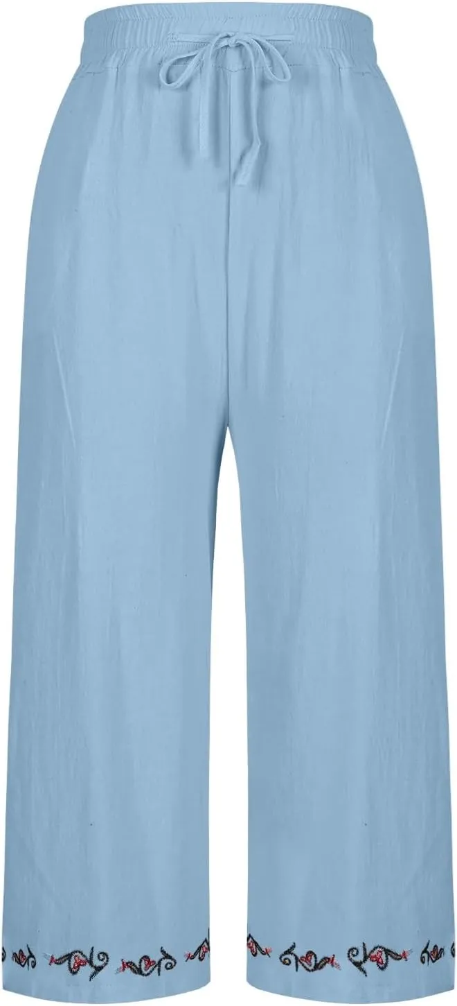 GOFULY Linen Pants Women Casual Summer Embroidered High Waisted Drawstring Capris Pants Wide Leg Pockets Cropped Trousers