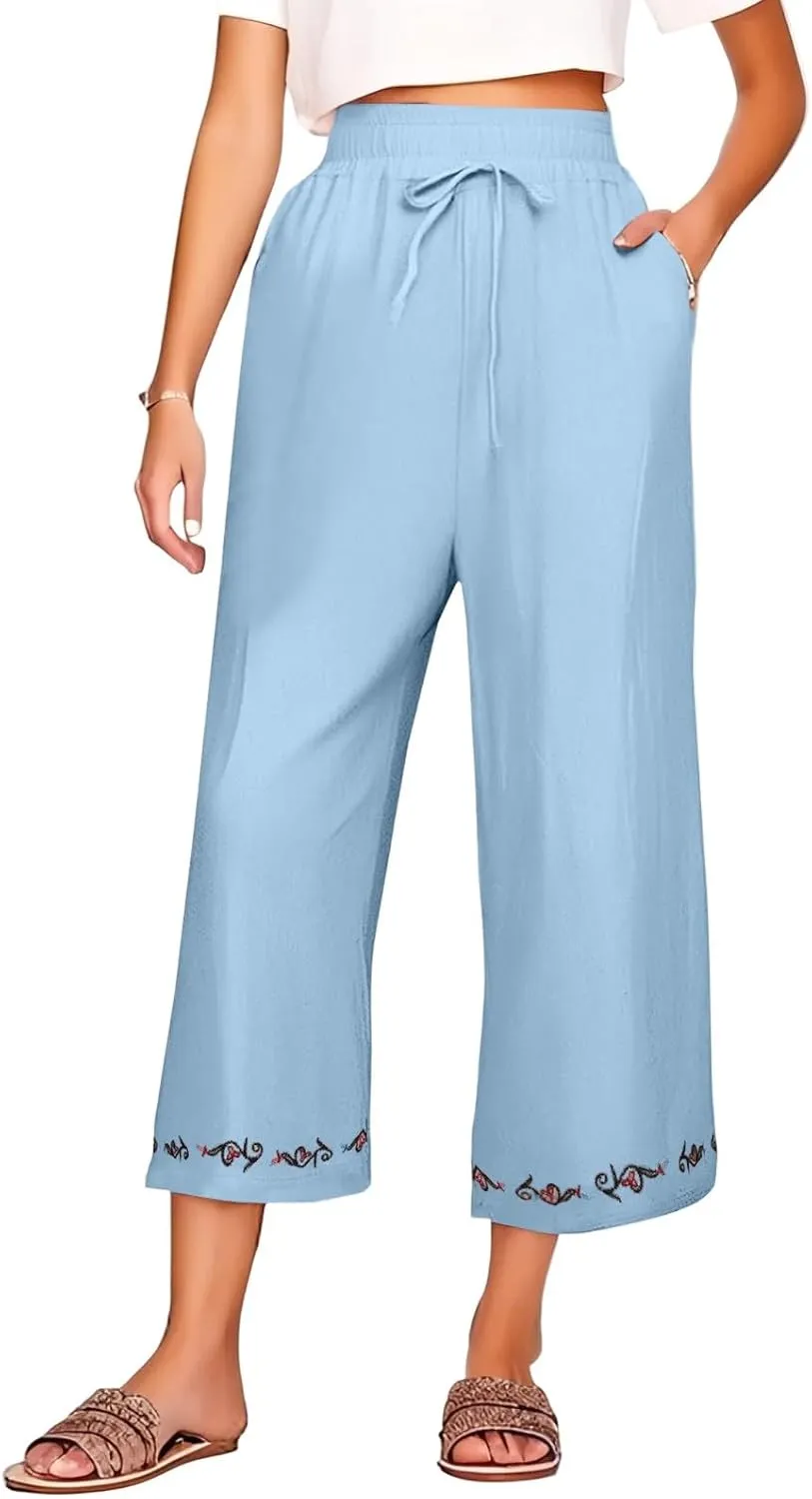 GOFULY Linen Pants Women Casual Summer Embroidered High Waisted Drawstring Capris Pants Wide Leg Pockets Cropped Trousers
