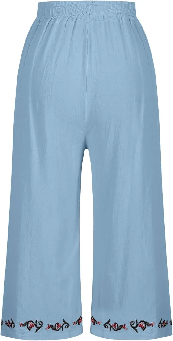 GOFULY Linen Pants Women Casual Summer Embroidered High Waisted Drawstring Capris Pants Wide Leg Pockets Cropped Trousers