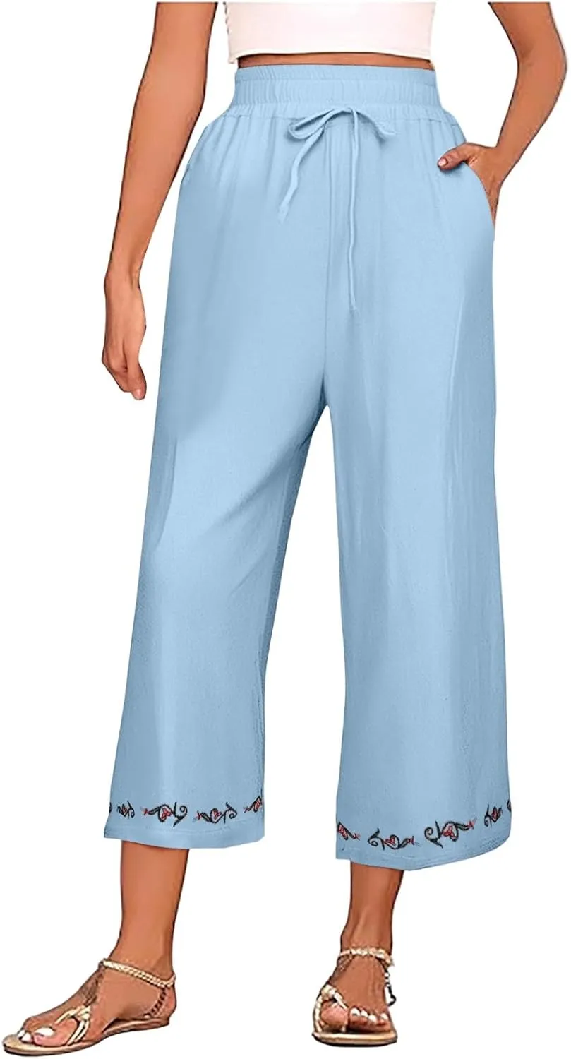 GOFULY Linen Pants Women Casual Summer Embroidered High Waisted Drawstring Capris Pants Wide Leg Pockets Cropped Trousers