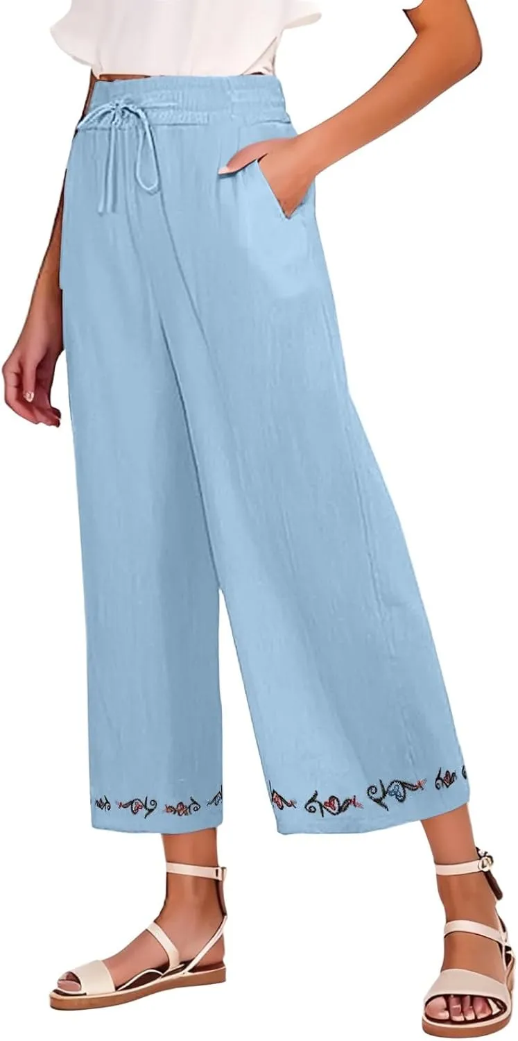GOFULY Linen Pants Women Casual Summer Embroidered High Waisted Drawstring Capris Pants Wide Leg Pockets Cropped Trousers